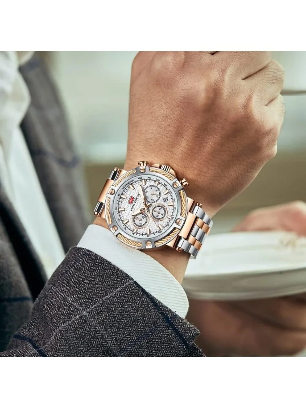 Mens Silver Rose Gold Stainless Steel Band Chronograph Waterproof Luminous Watch